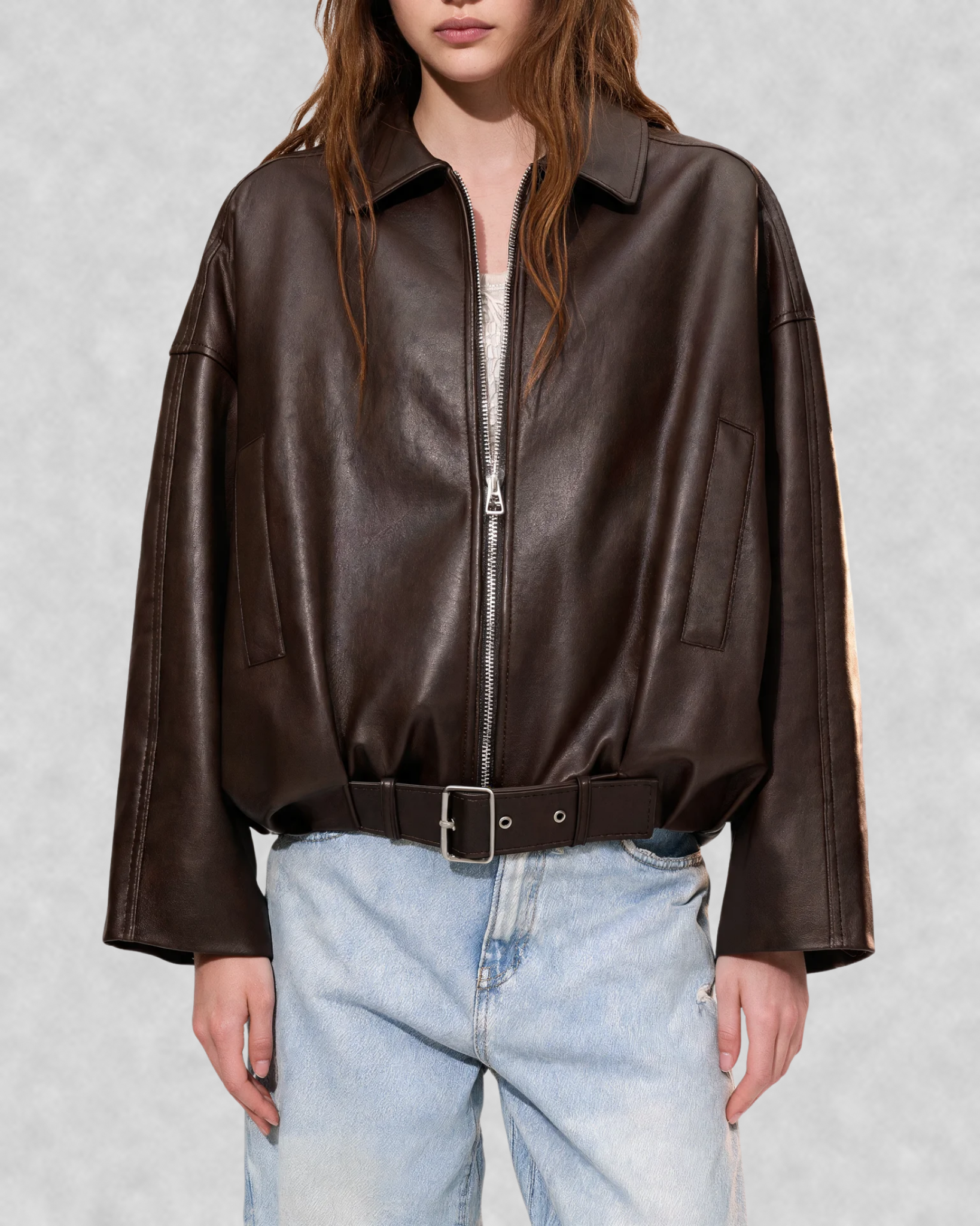 Belted Faux Leather Bomber Jacket