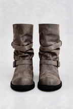 Distressed Double Buckle Mid-Calf Boots