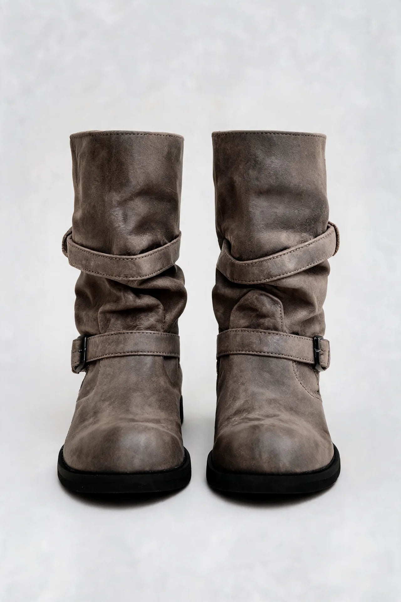 Distressed Double Buckle Mid-Calf Boots