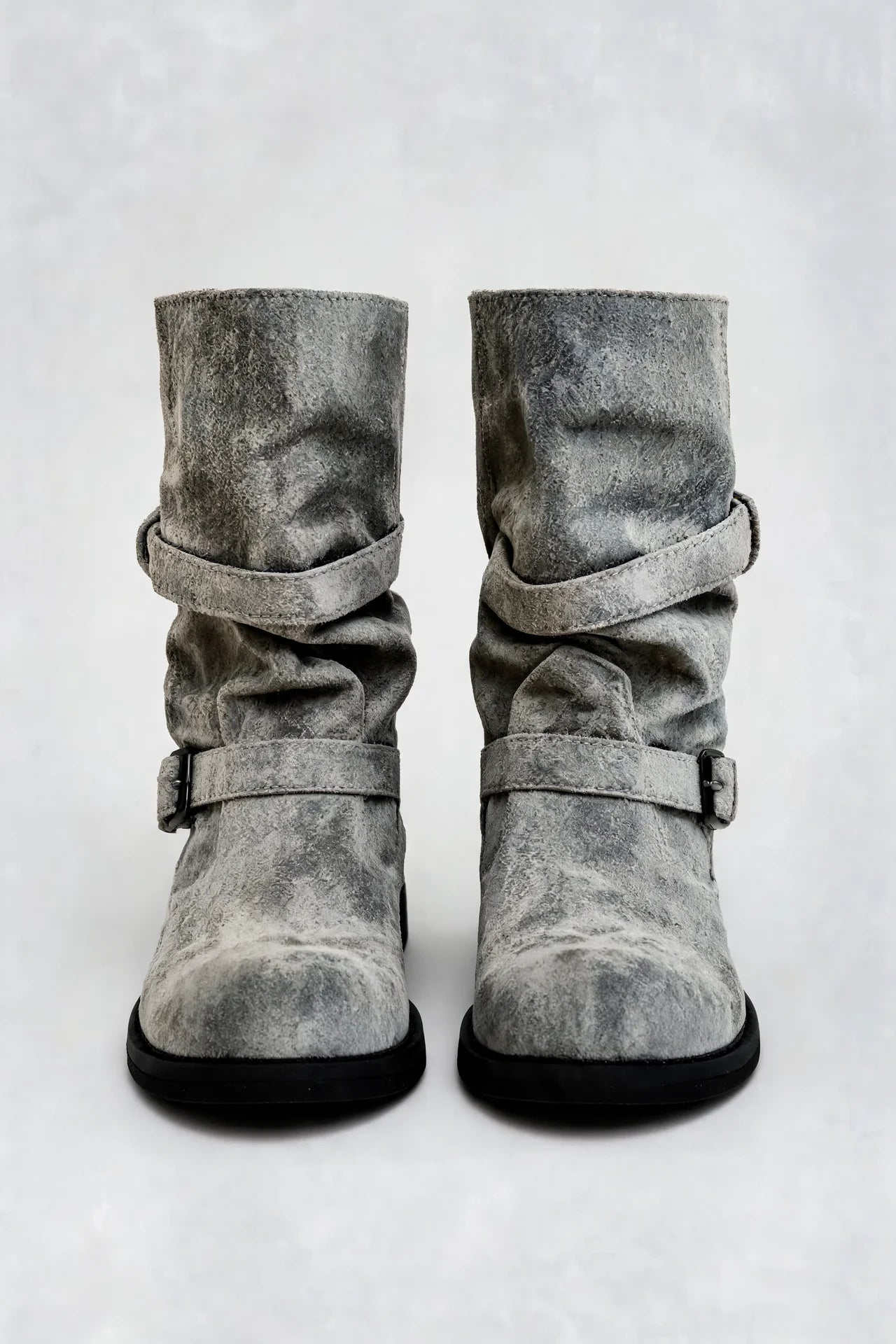 Distressed Double Buckle Mid-Calf Boots