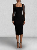 Mesh Sleeve Square Neck Bodycon Midi Dress