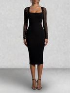 Mesh Sleeve Square Neck Bodycon Midi Dress