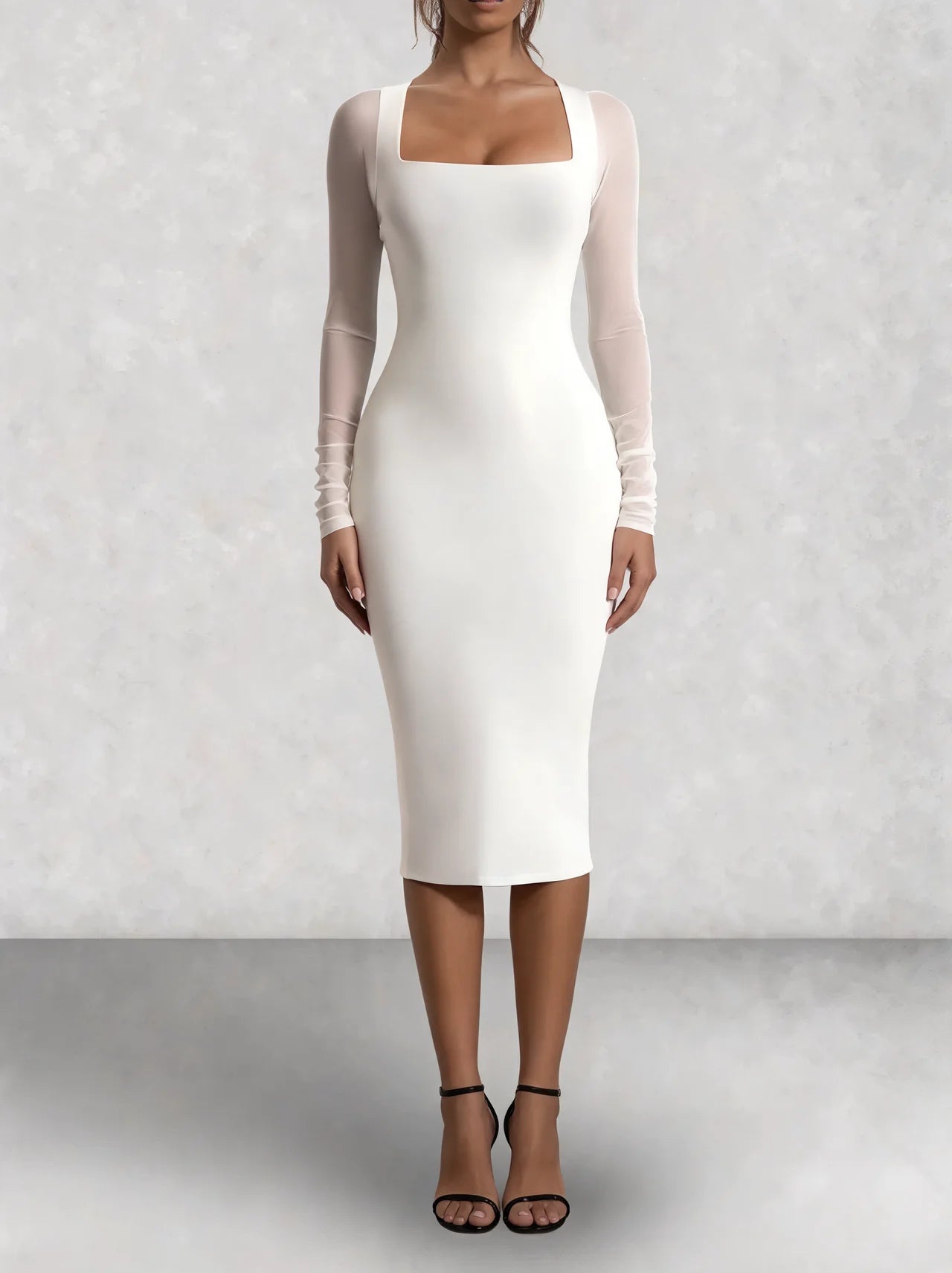 Mesh Sleeve Square Neck Bodycon Midi Dress