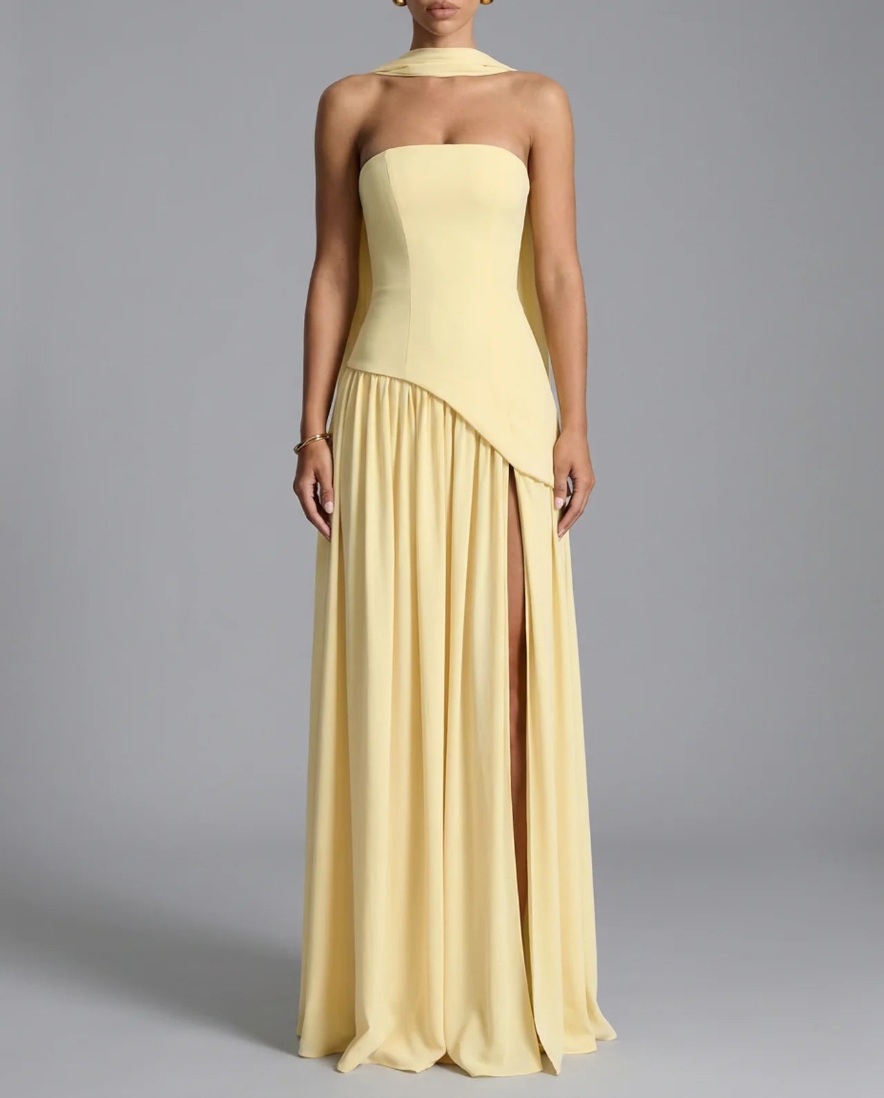 Pale Yellow Strapless Corset Back Maxi Dress