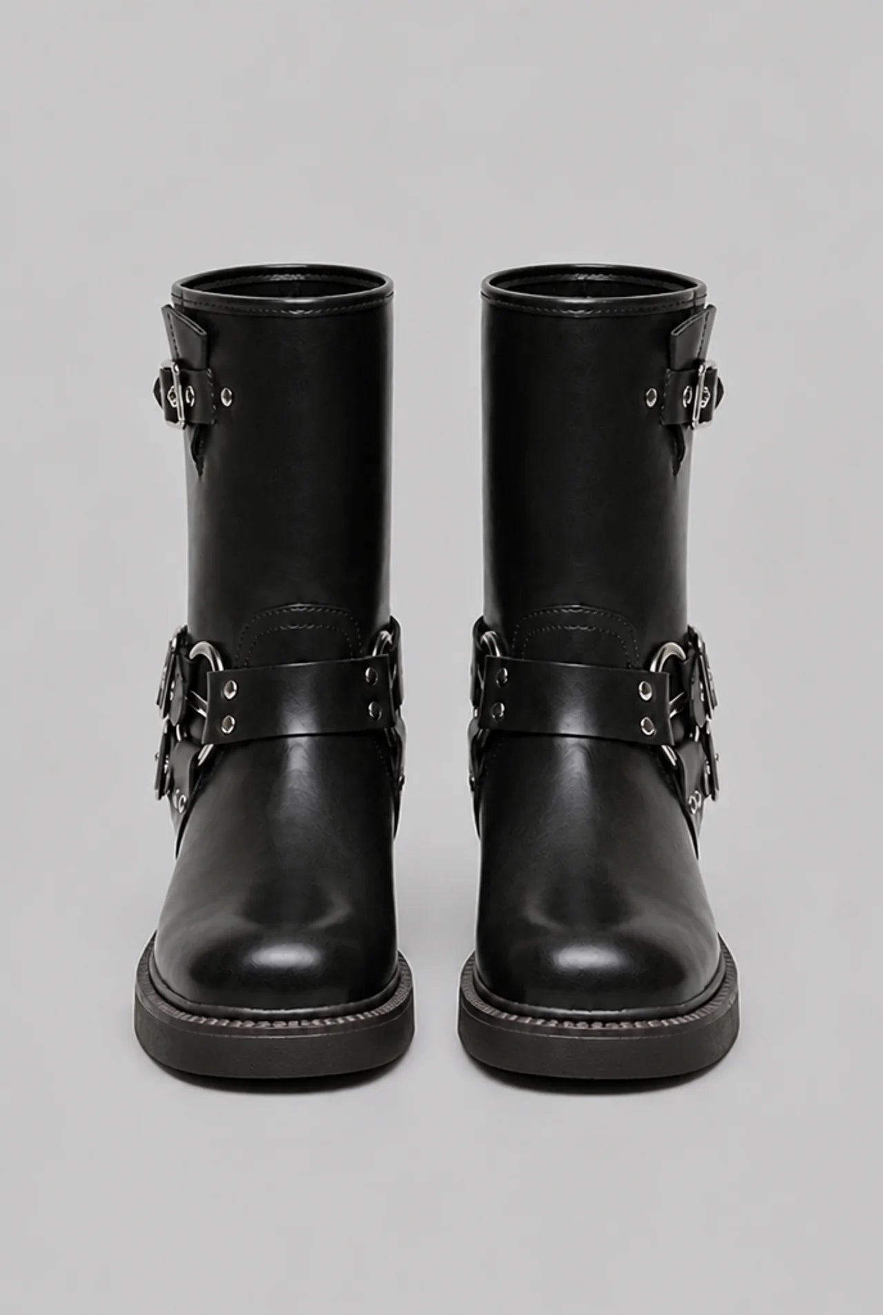 Studded Buckle Harness Mid-Calf Boots
