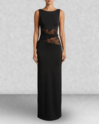 Lace Panel High Neck Column Maxi Dress