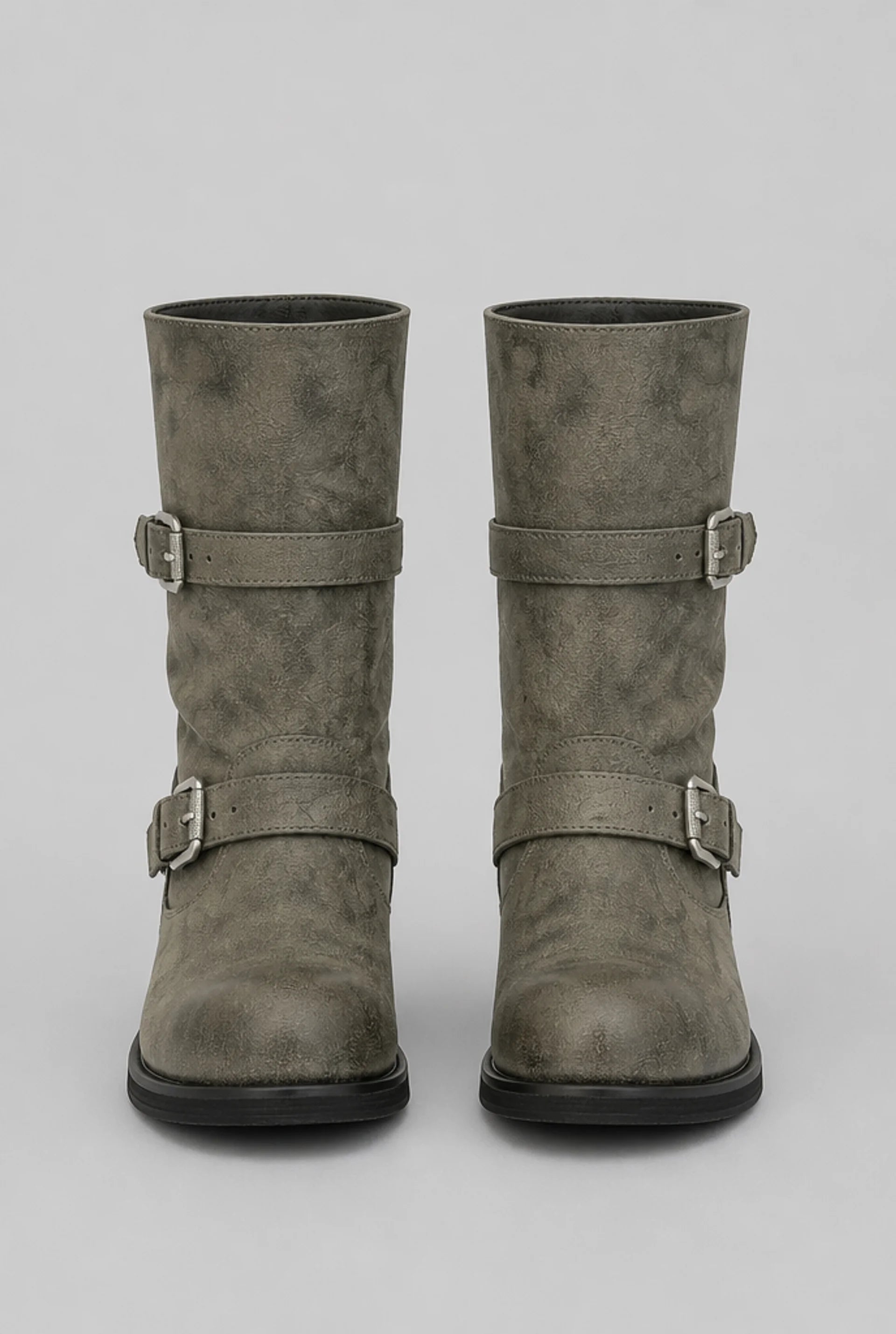 Distressed Double Buckle Mid-Calf Boots