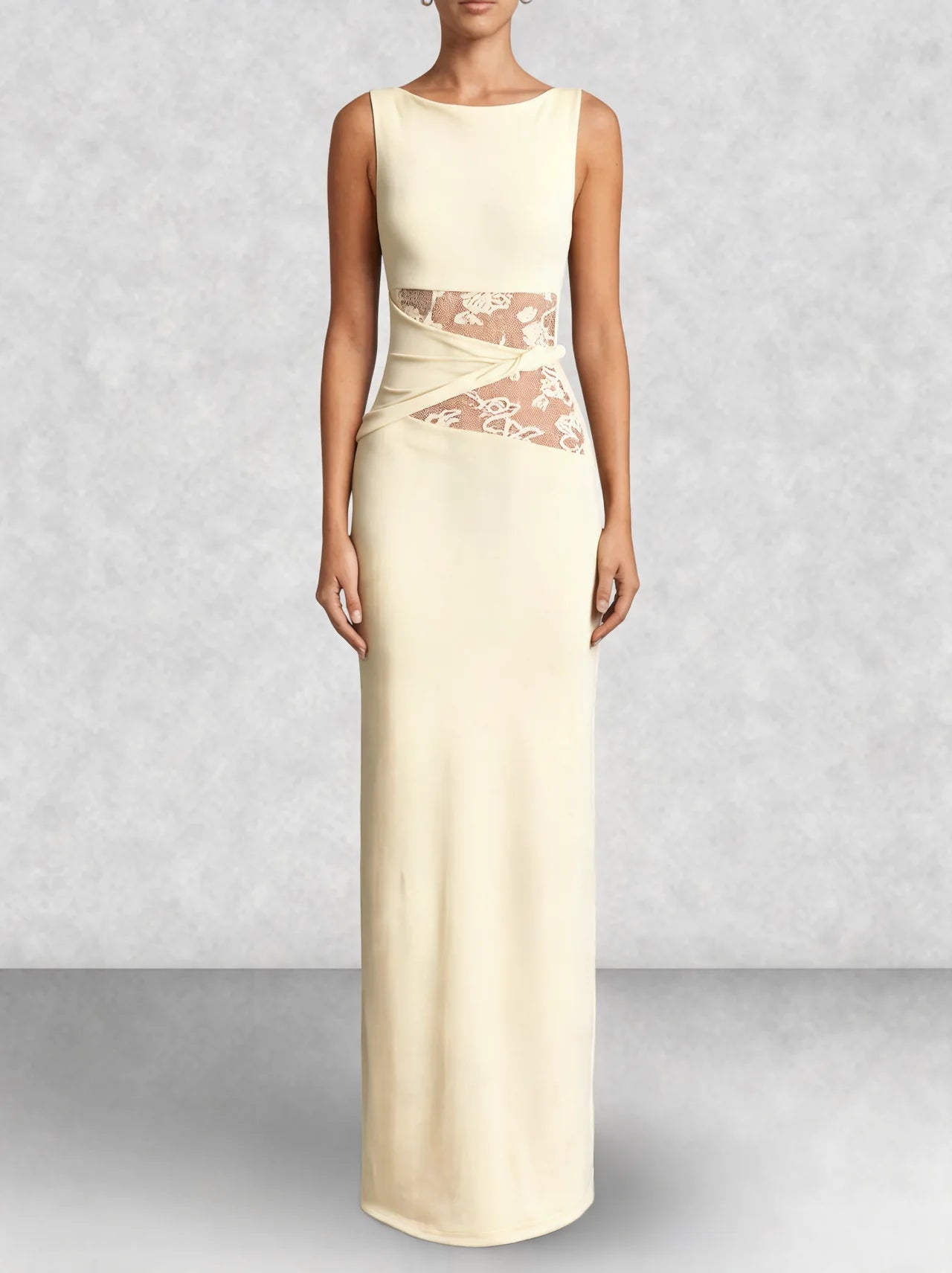 Lace Panel High Neck Column Maxi Dress