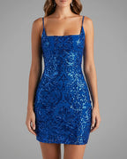 Royal Blue Sequin Lace Up Back Mini Dress