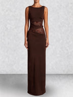 Lace Panel High Neck Column Maxi Dress