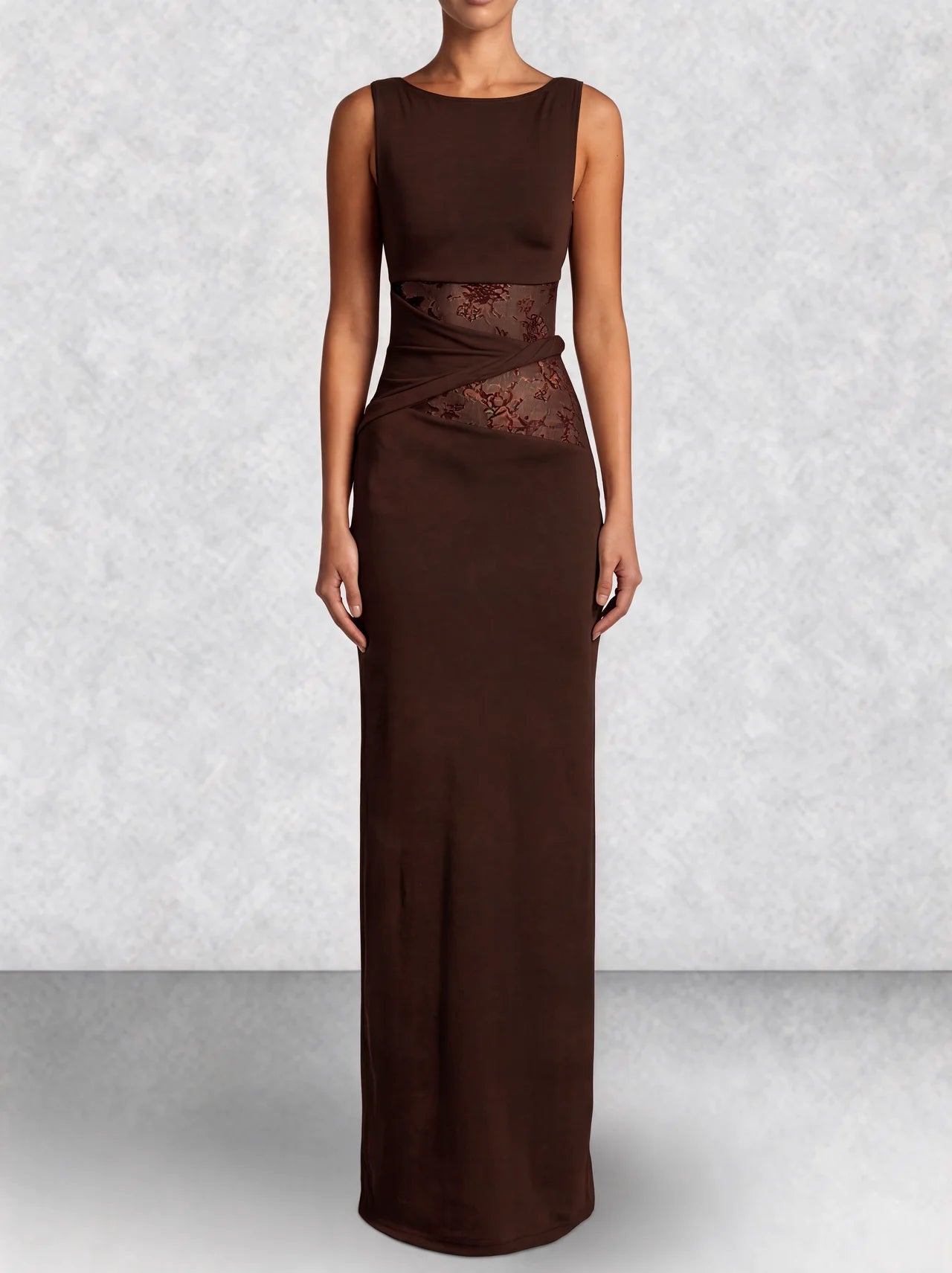 Lace Panel High Neck Column Maxi Dress