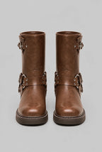 Studded Buckle Harness Mid-Calf Boots