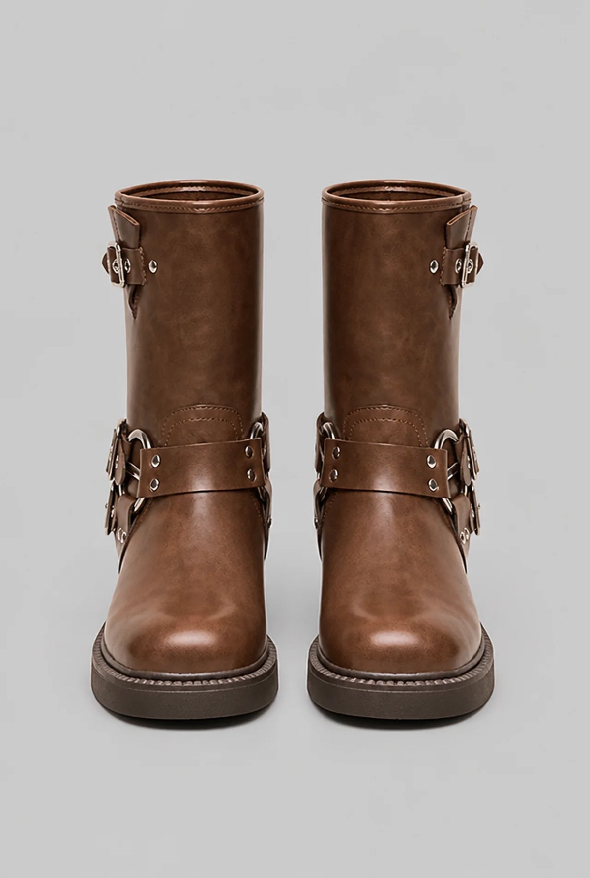 Studded Buckle Harness Mid-Calf Boots