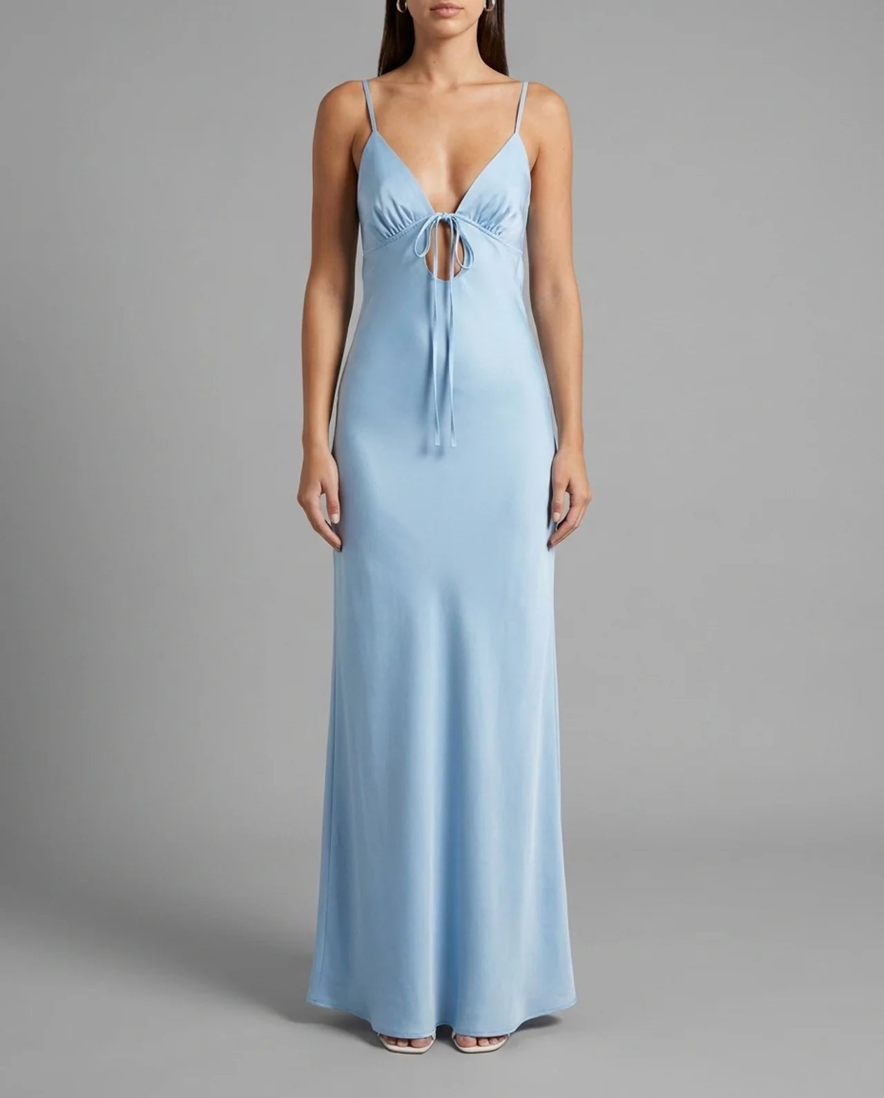 Pale Blue Satin Slip Tie Front Maxi Dress