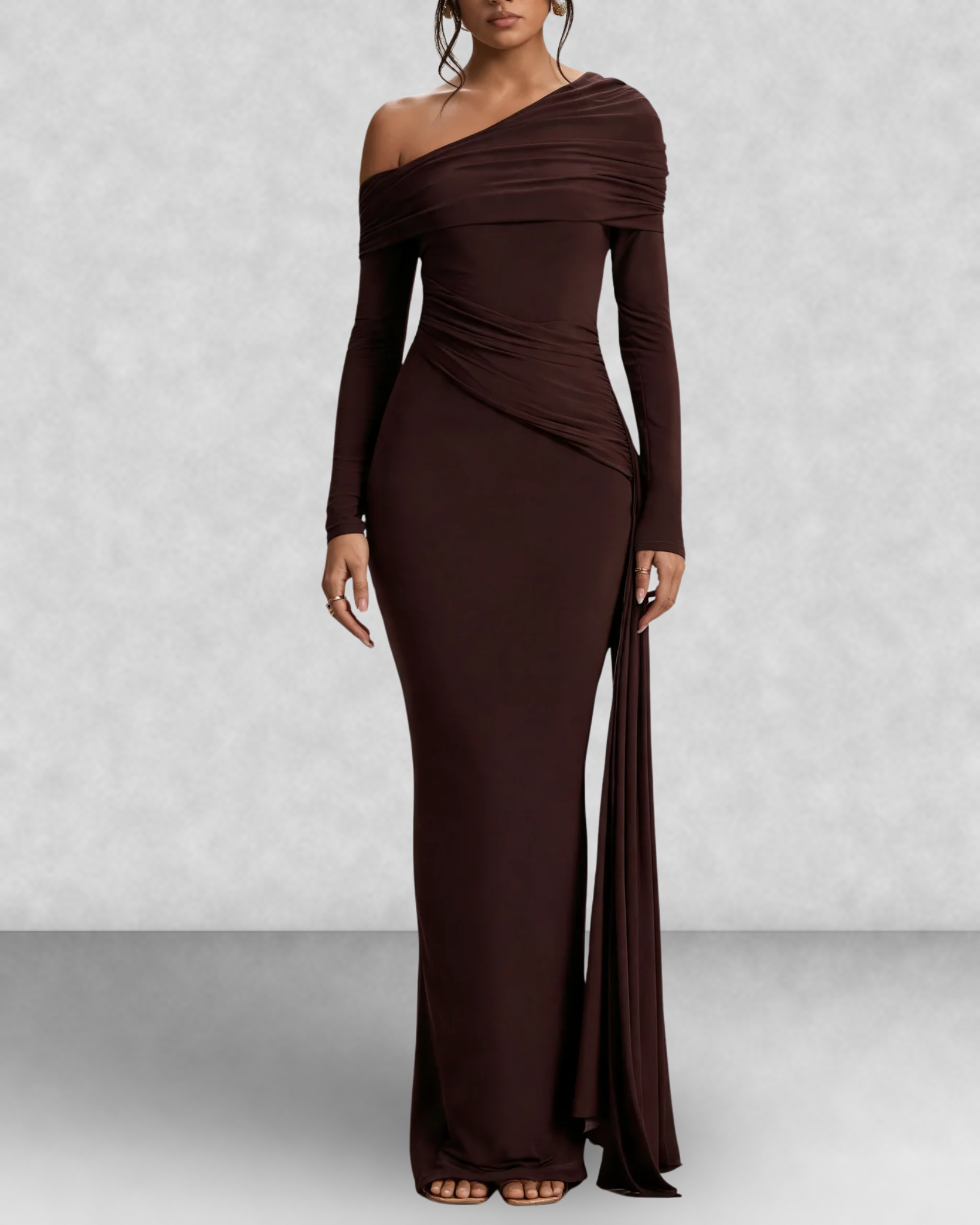 Off Shoulder Long Sleeve Draped Maxi Dress