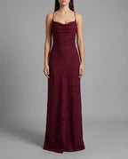 Burgundy Floral Cowl Neck Lace Up Back Maxi Dress