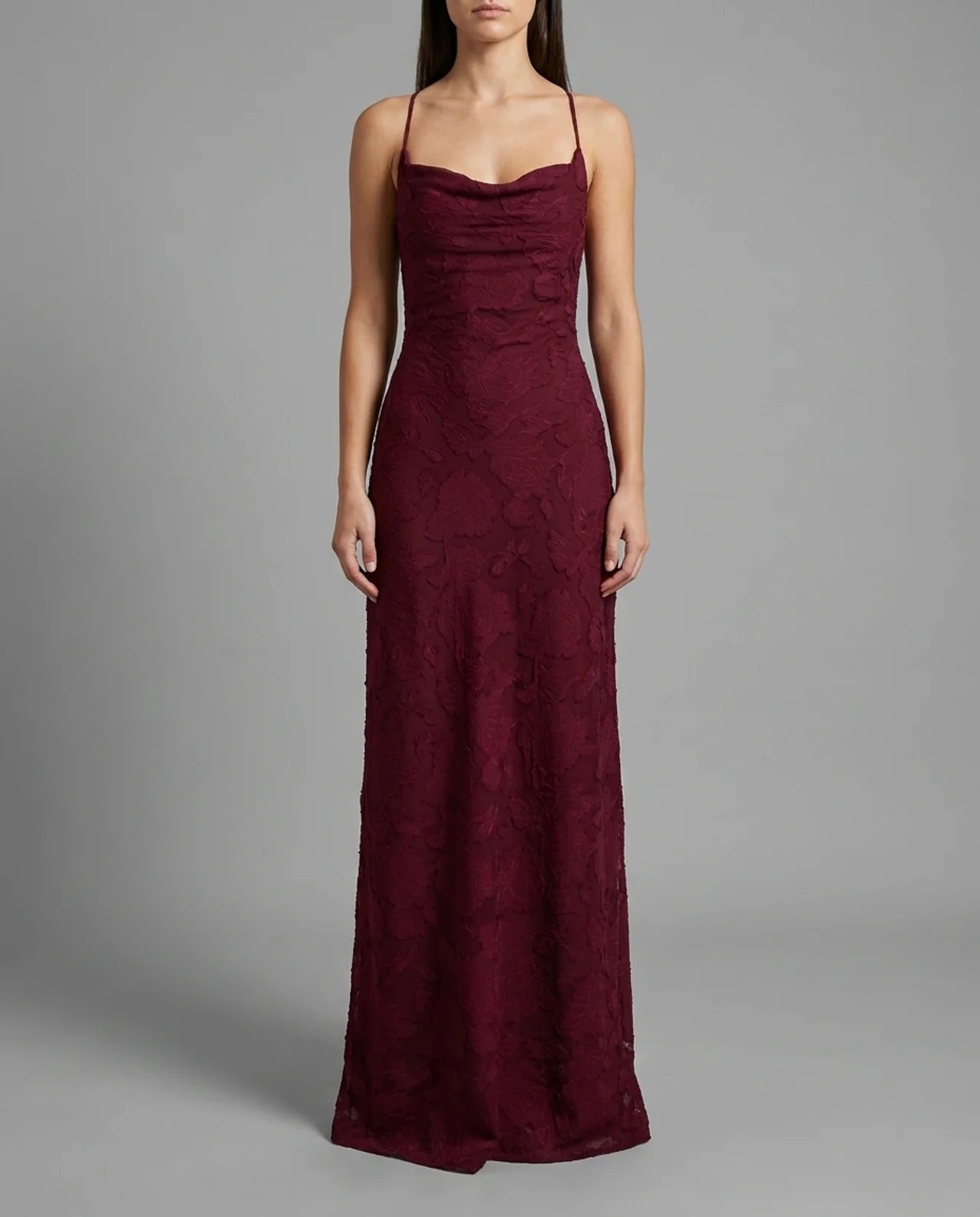 Burgundy Floral Cowl Neck Lace Up Back Maxi Dress