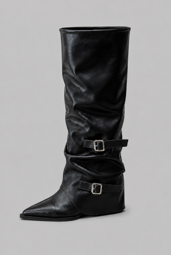Slouchy Double Buckle Knee-High Boots