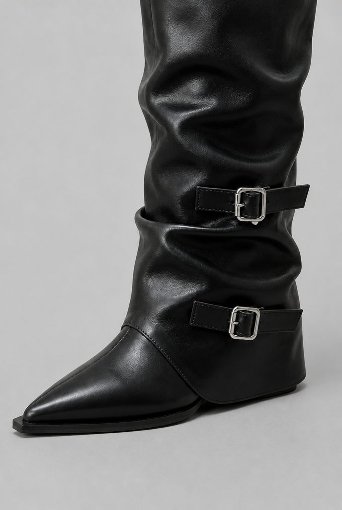 Slouchy Double Buckle Knee-High Boots