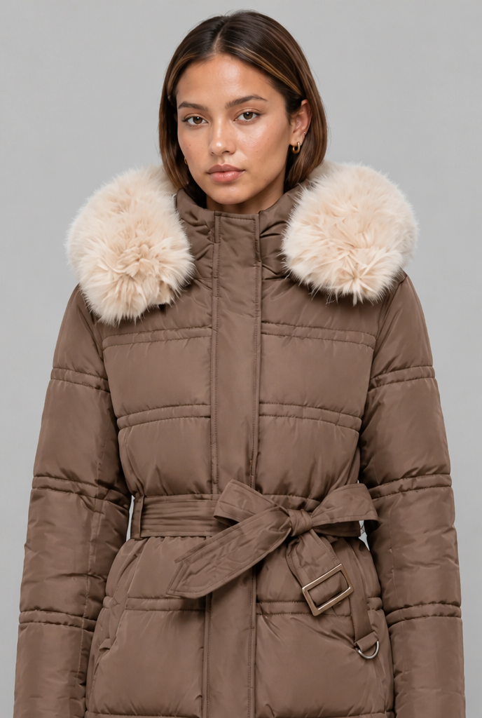 Longline Hooded Puffer Coat with Faux Fur Trim