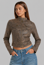 Cropped Leather Jacket with Snap Collar