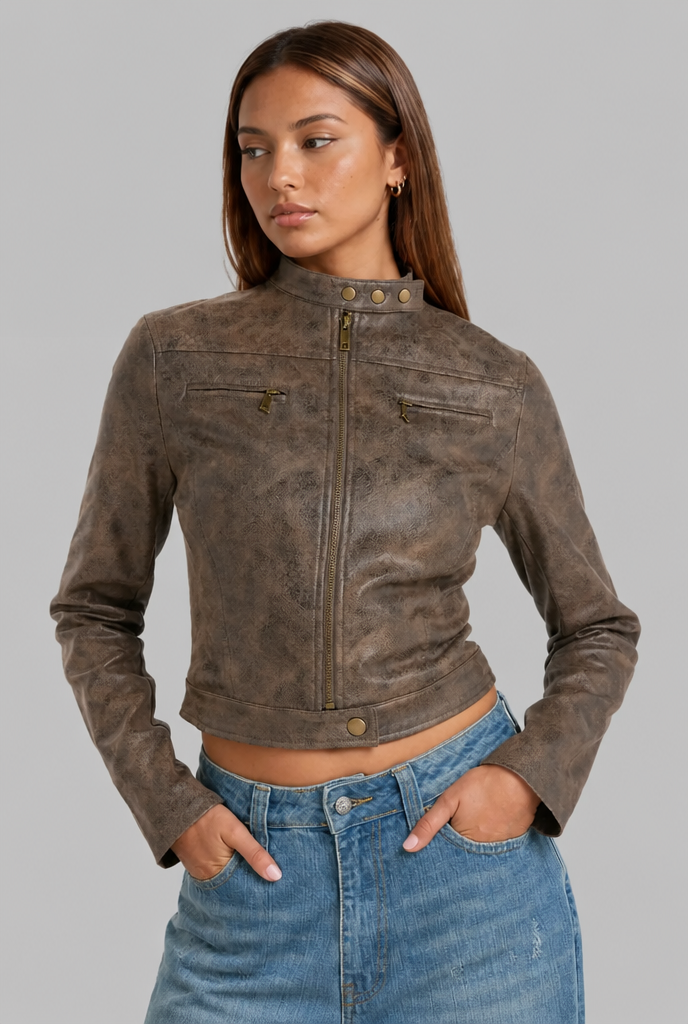 Cropped Leather Jacket with Snap Collar
