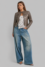 Cropped Leather Jacket with Snap Collar