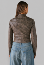 Cropped Leather Jacket with Snap Collar