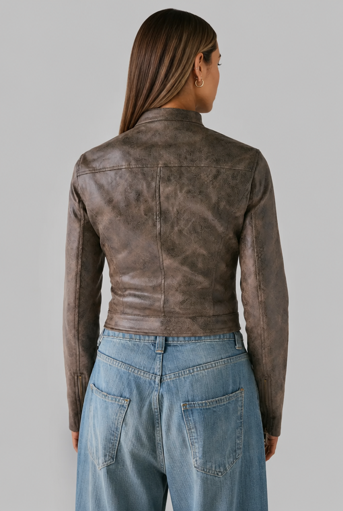 Cropped Leather Jacket with Snap Collar