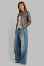 Cropped Leather Jacket with Snap Collar
