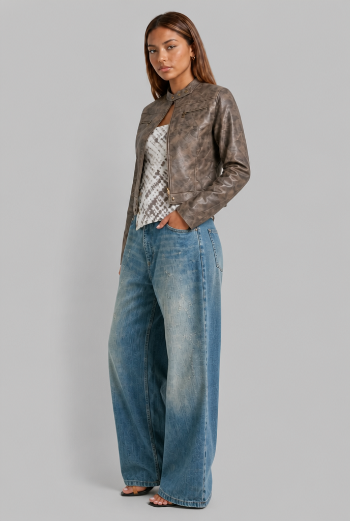 Cropped Leather Jacket with Snap Collar