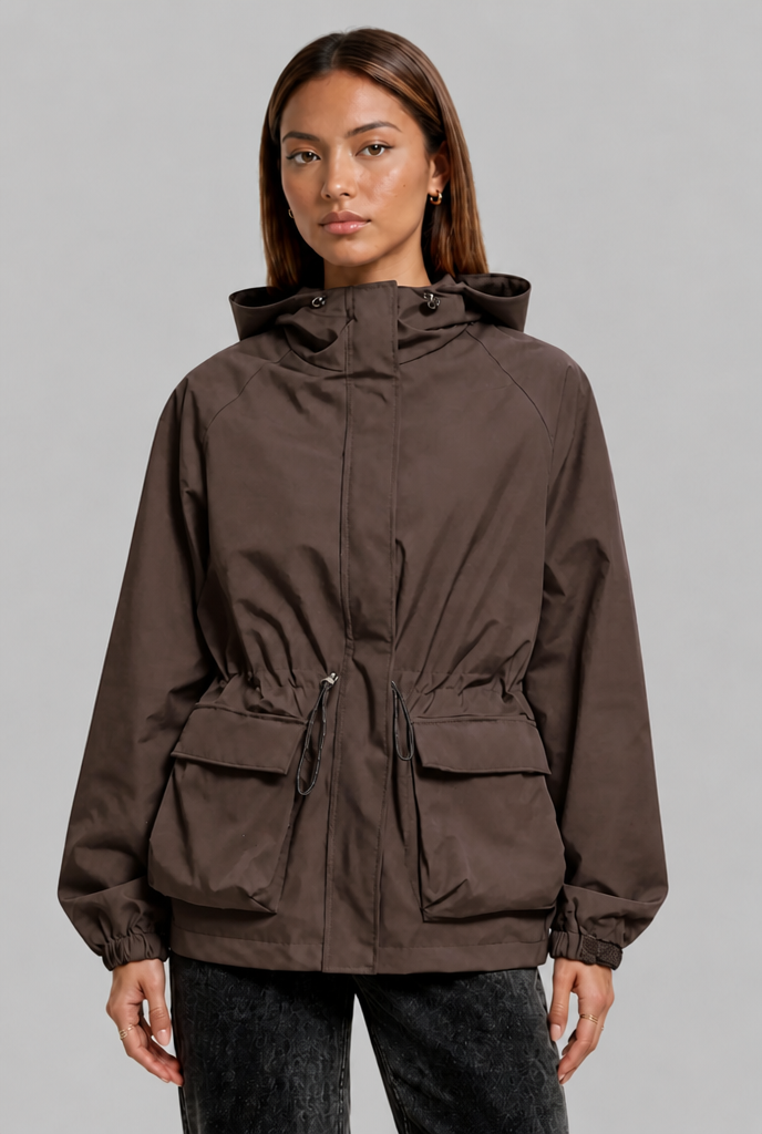 Hooded Drawstring Waist Anorak Jacket
