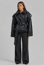 Leather Coat with Shearling Trim