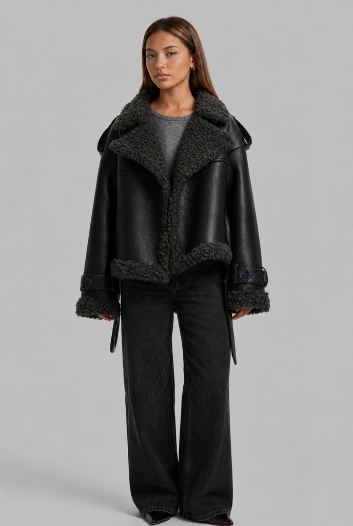 Leather Coat with Shearling Trim