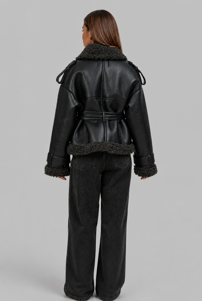 Leather Coat with Shearling Trim
