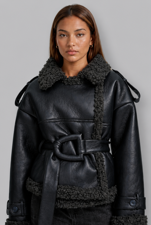 Leather Coat with Shearling Trim