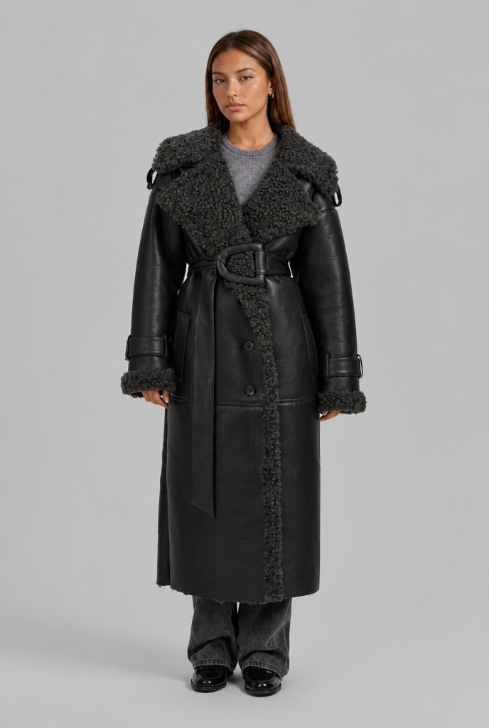 Leather Trench Coat with Shearling Trim