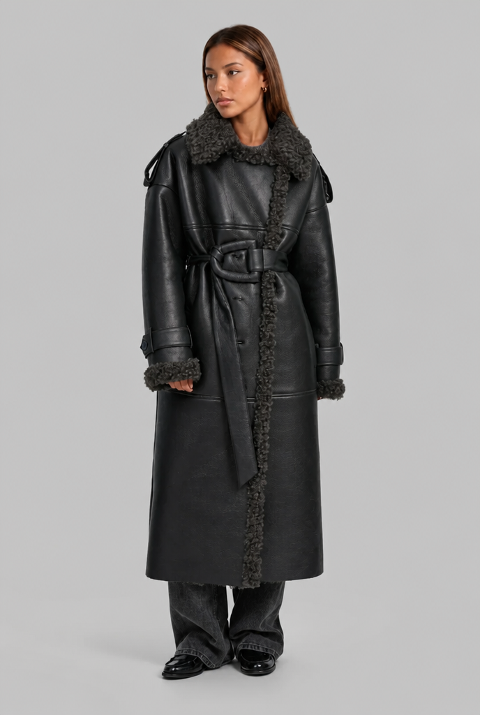 Leather Trench Coat with Shearling Trim