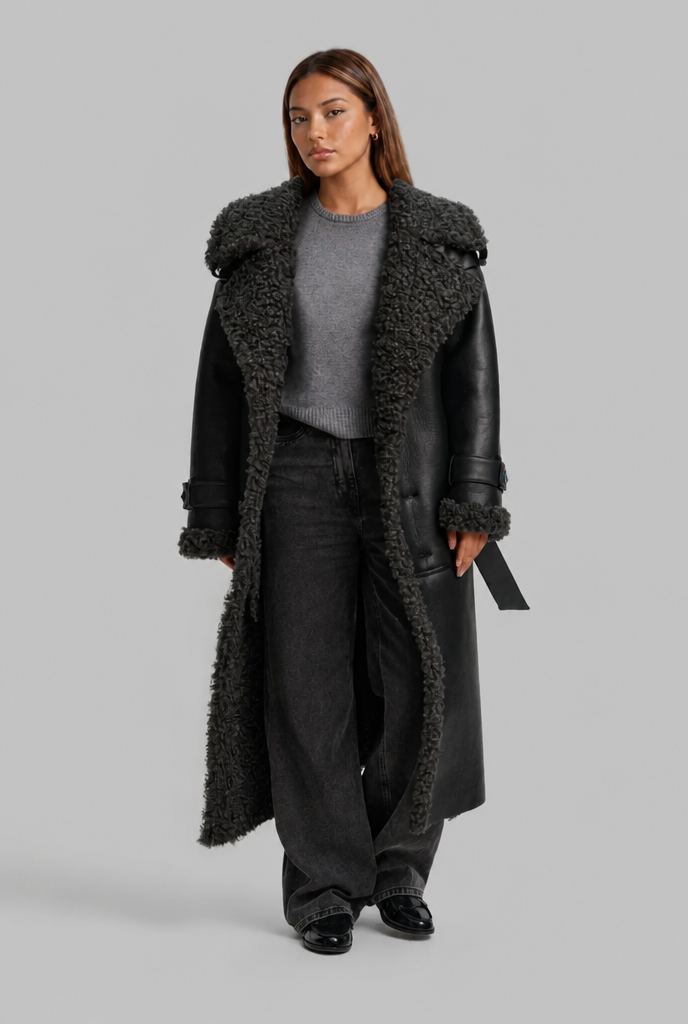 Leather Trench Coat with Shearling Trim