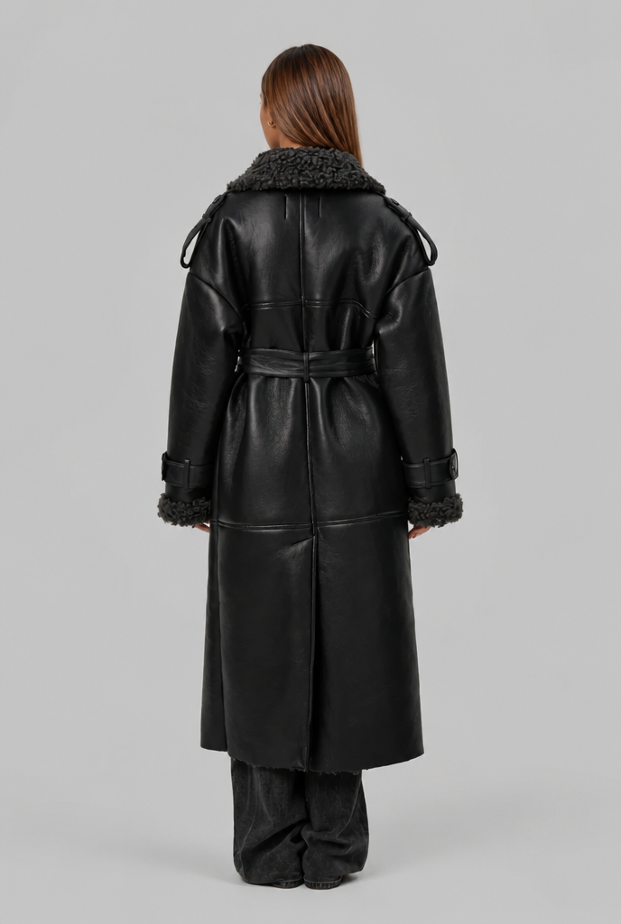 Leather Trench Coat with Shearling Trim