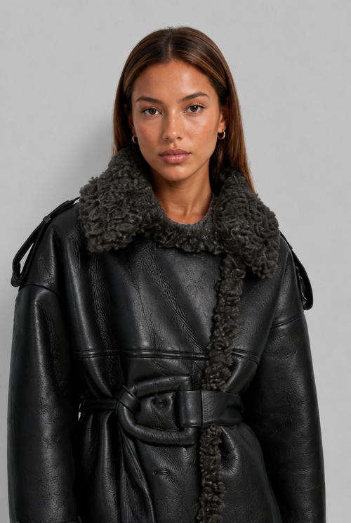 Leather Trench Coat with Shearling Trim