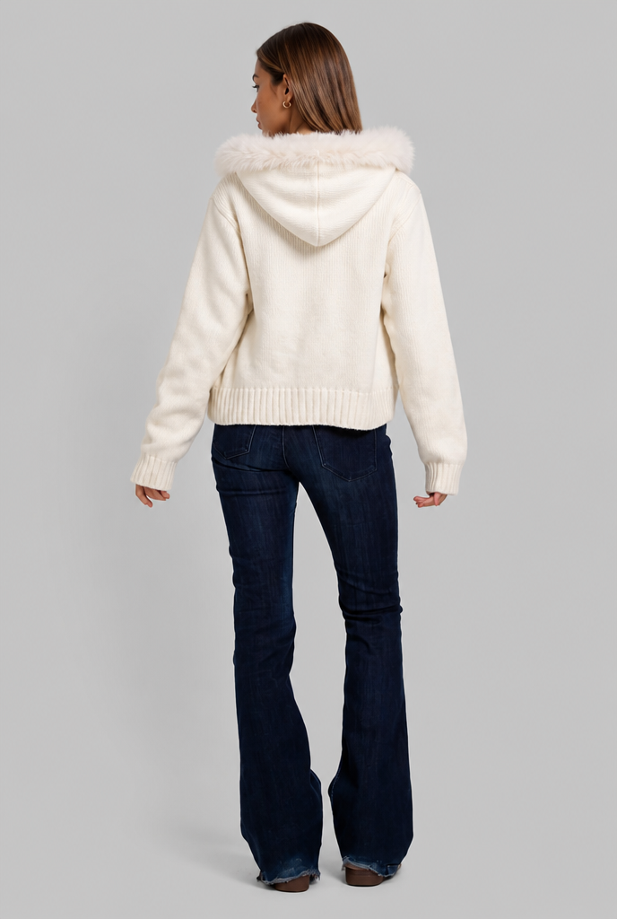 Faux Fur Collar Knit Zip Jacket
