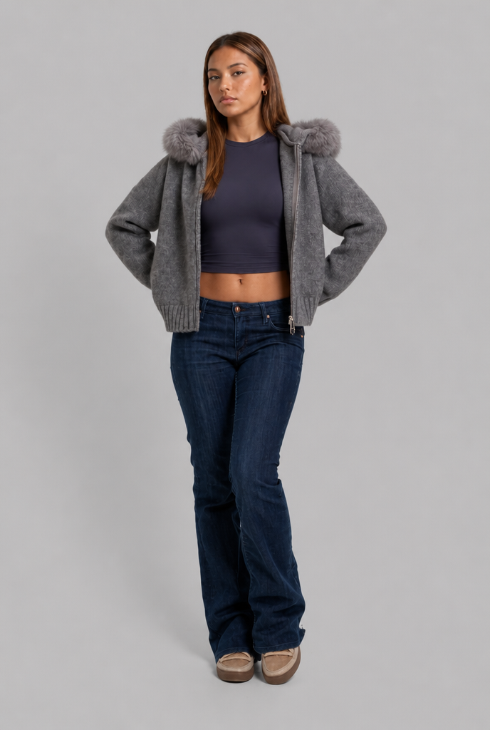 Faux Fur Collar Knit Zip Jacket