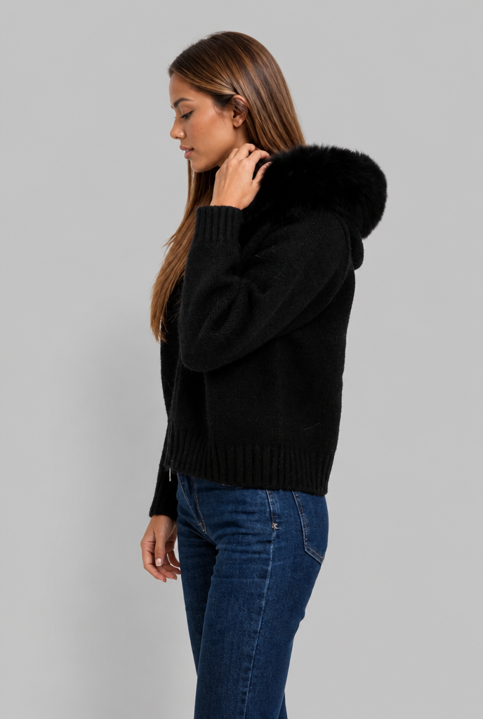 Faux Fur Collar Knit Zip Jacket