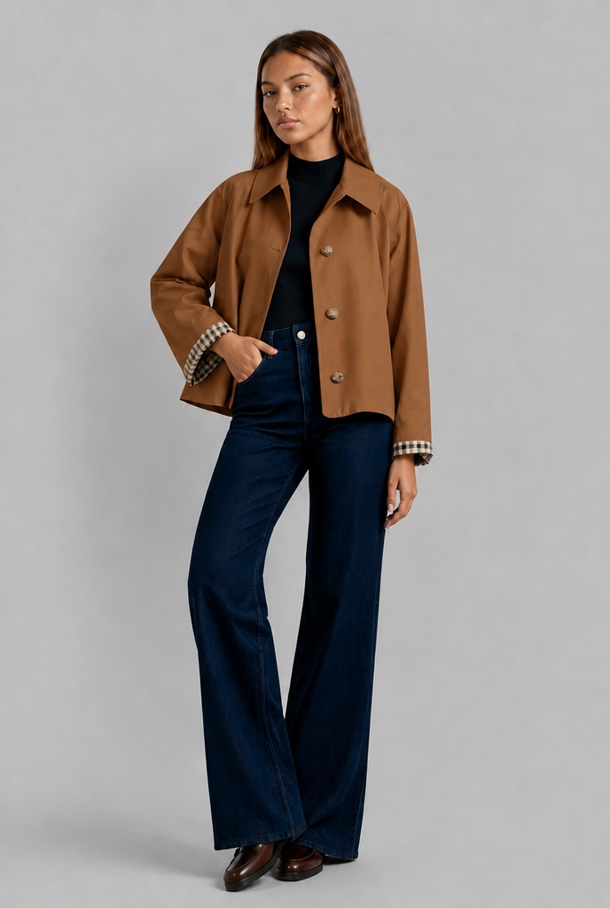 Cropped Trench Jacket with Gingham Cuffs