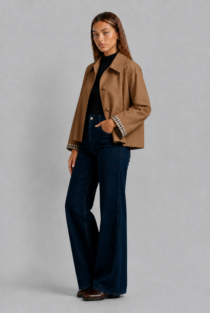 Cropped Trench Jacket with Gingham Cuffs