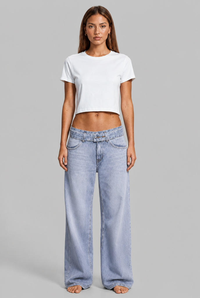 Wide Leg Jeans with Double Waistband