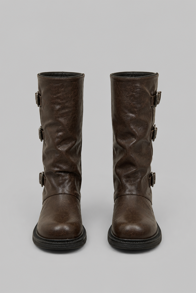 Mid-Calf Biker Boots with Buckle Detail