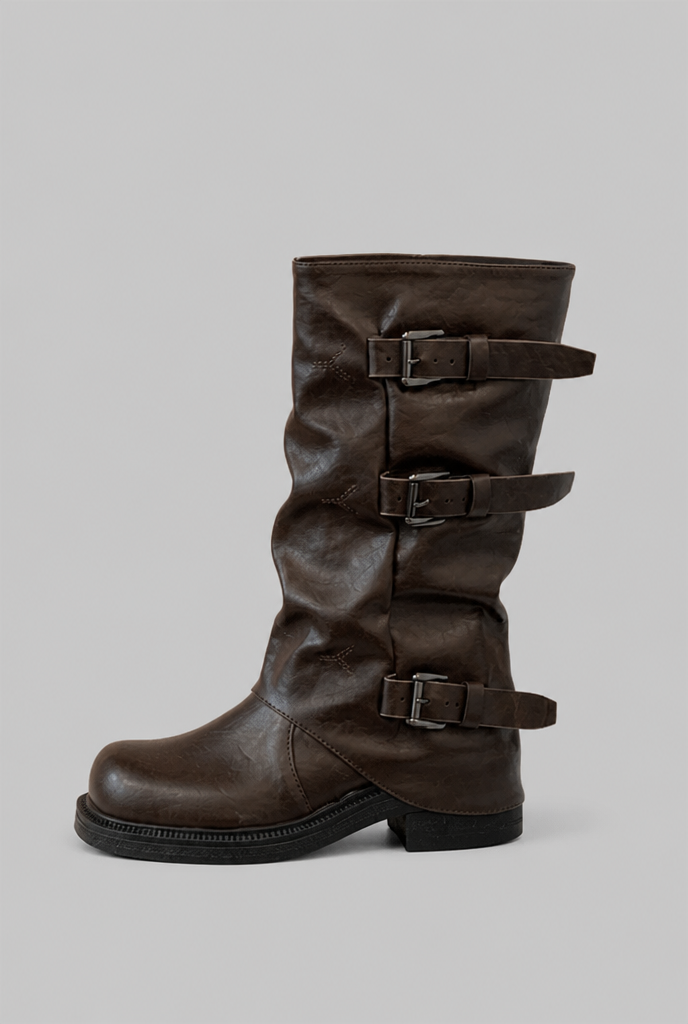 Mid-Calf Biker Boots with Buckle Detail