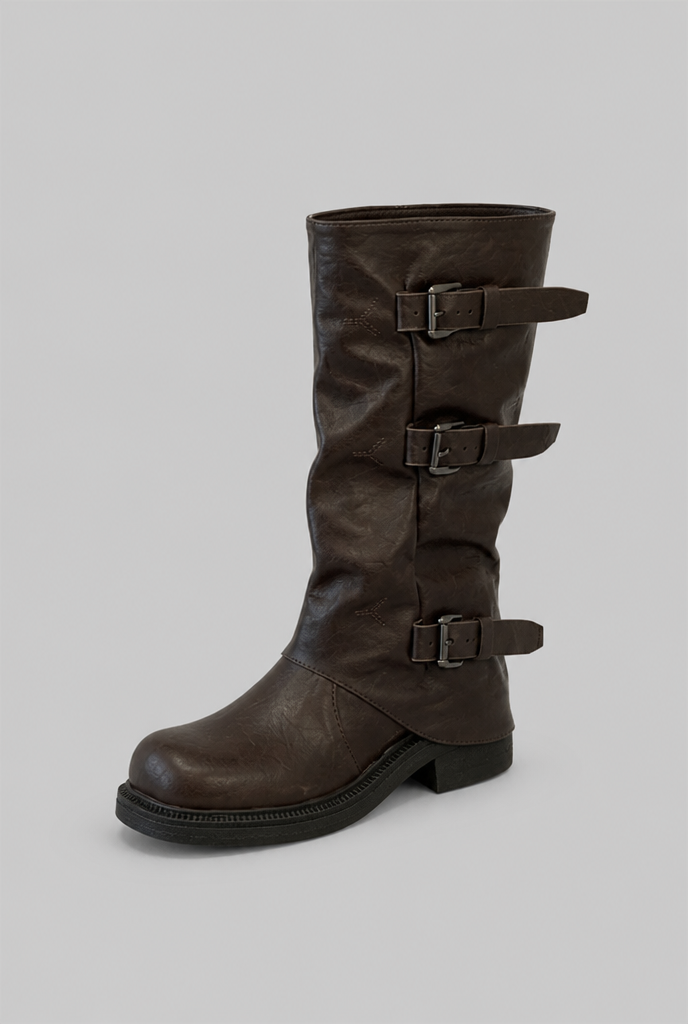 Mid-Calf Biker Boots with Buckle Detail